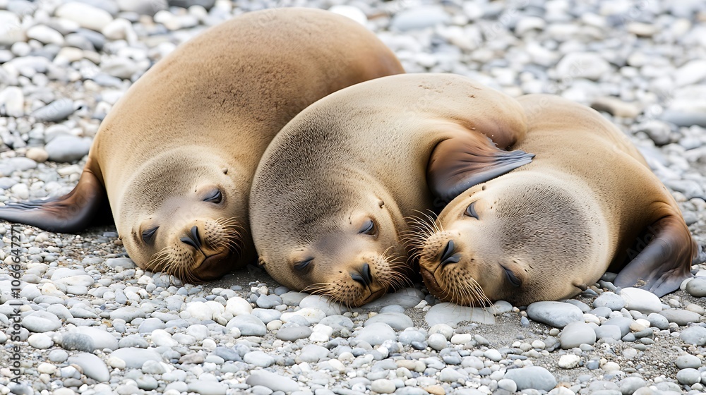 Fototapeta premium Three Sea Lions Napping on a Pebble Beach