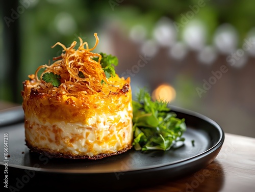 A goldenbaked Khanom Mo Kaeng with a creamy