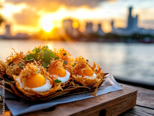 A plate of Khanom Buang with crispy shells filled with sweet cream and egg yolk threads photo