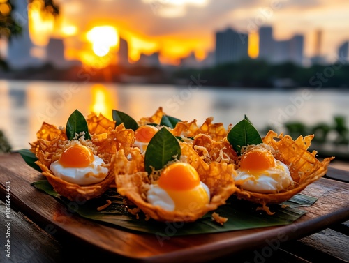 A plate of Khanom Buang with crispy shells filled with sweet cream and egg yolk threads photo