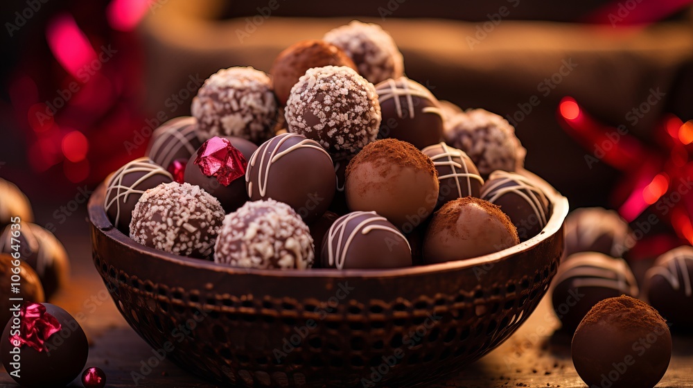 Delicious assortment of handmade chocolate truffles in a decorative bowl surrounded by festive decor Delicious assortment of handmade chocolate truffles in a decorative bowl surrounded by festive decor