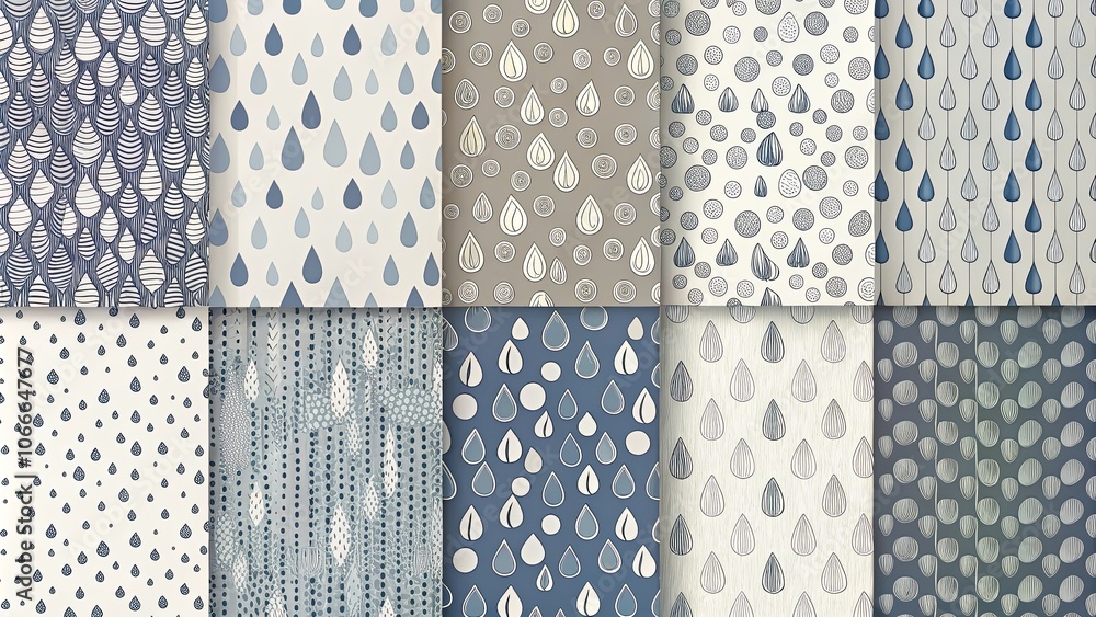 A Collection of Abstract Droplet Patterns Featuring a Variety of Textures, Lines, and Shapes in Blue and Gray Tones A Collection of Abstract Droplet Patterns Featuring a Variety of Textures, Lines, and Shapes in Blue and Gray Tones