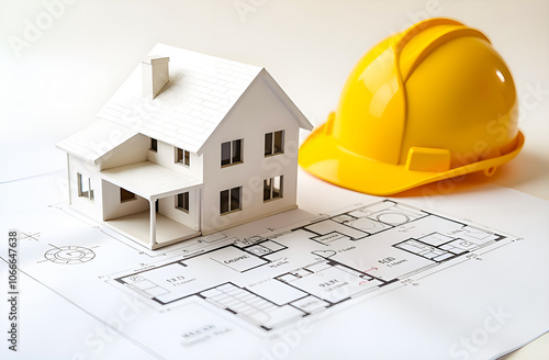On the floor plan drawing of the house there is a model of the house, and next to it lies a yellow construction helmet
