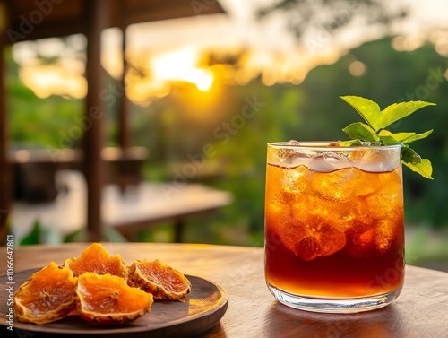 A refreshing glass of Nam Ma Toom, bael fruit tea, with dried bael fruit slices on the side The traditional wooden Thai house in the background adds a homely, cultural touch photo