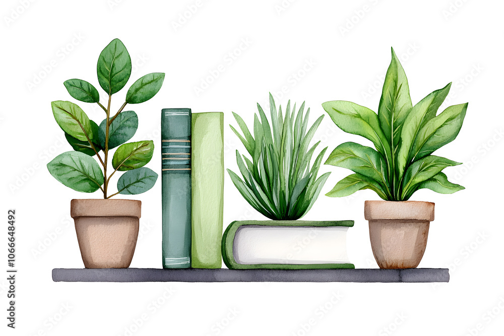 Fototapeta premium Living room table with books and plants watercolor illustration isolated on white