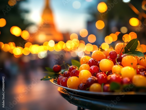 A tray of vibrant Luk Chup shaped like mini fruits   mangoes photo