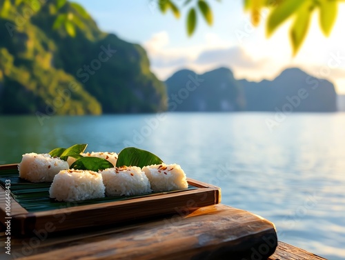 A tray of Vietnamese coconut sticky rice cake banh bo photo