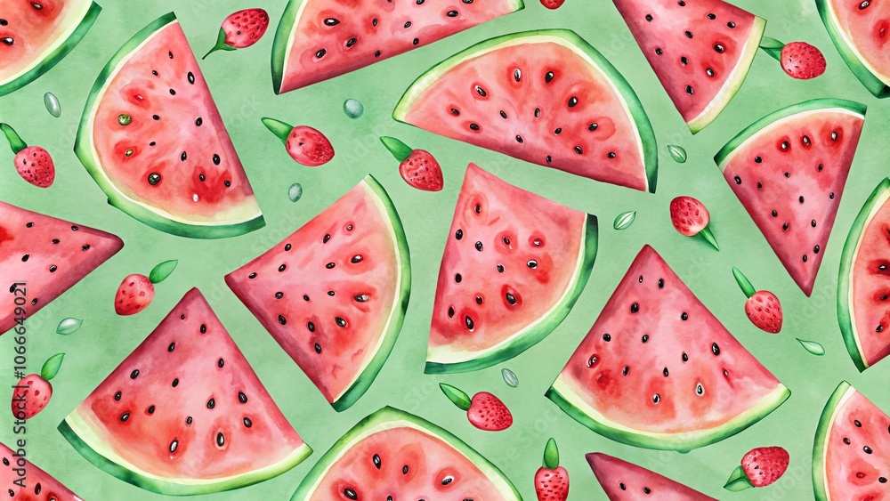 Watermelon Slices and Berries Scattered Across a Green Background, a Vivid Watercolor Illustration of Summertime Treats Watermelon Slices and Berries Scattered Across a Green Background, a Vivid Watercolor Illustration of Summertime Treats