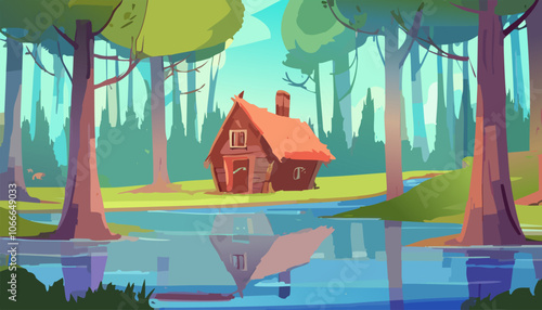 Cartoon house in the forest with lake. Vector illustration in flat style.