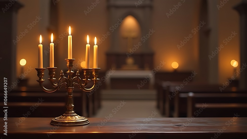 Candlestick with candles on the background of the church wall, Hanukkah Candlestick with candles on the background of the church wall, Hanukkah