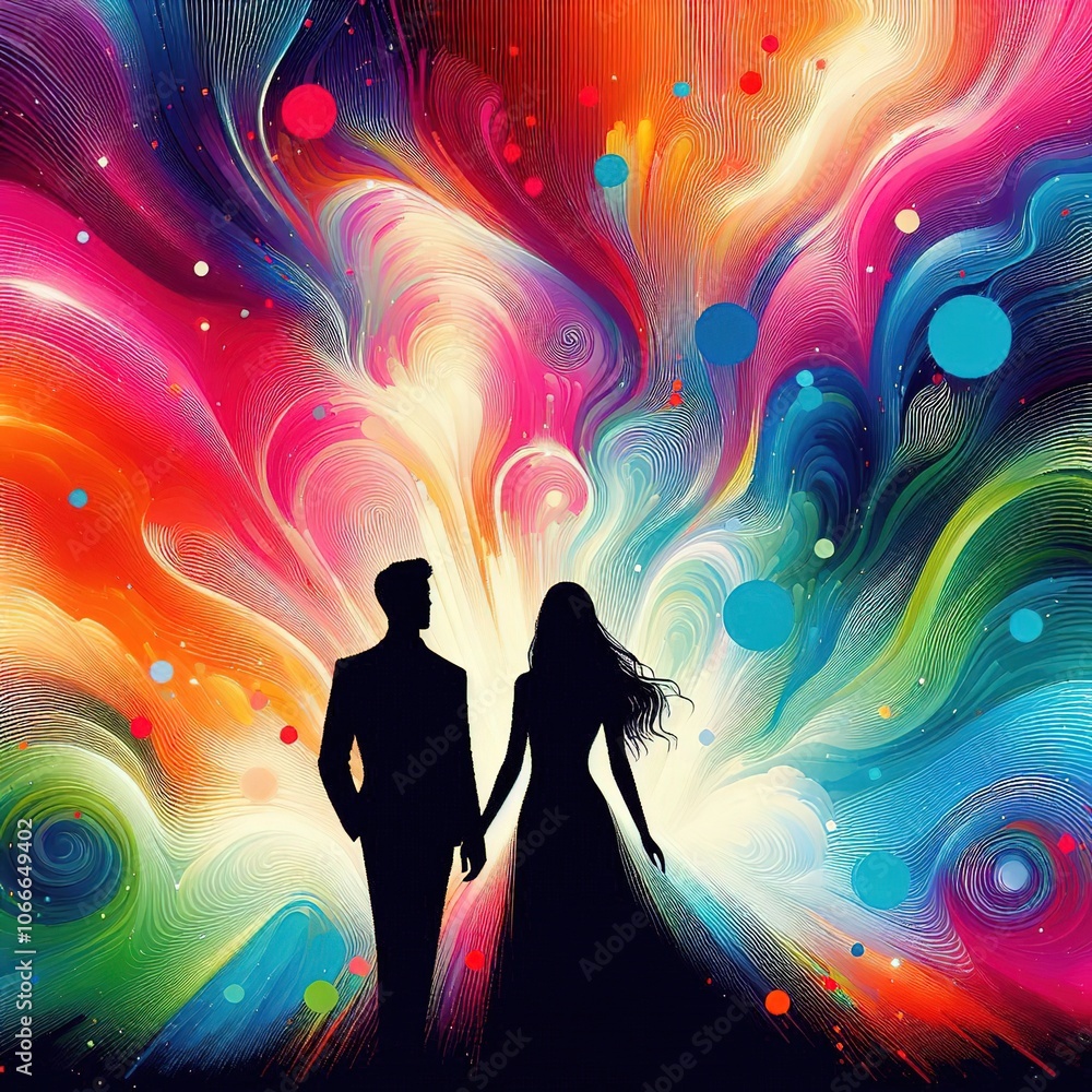 Illustration of love, February 14, black silhouette of a woman and a man standing in front of a bright multi-colored background. Illustration of love, February 14, black silhouette of a woman and a man standing in front of a bright multi-colored background.