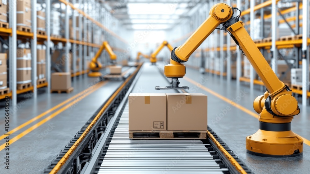Warehouse management concept. A robotic arm stacks boxes in a modern warehouse highlighting automation and efficiency in logistics and supply chain operations Warehouse management concept. A robotic arm stacks boxes in a modern warehouse highlighting automation and efficiency in logistics and supply chain operations