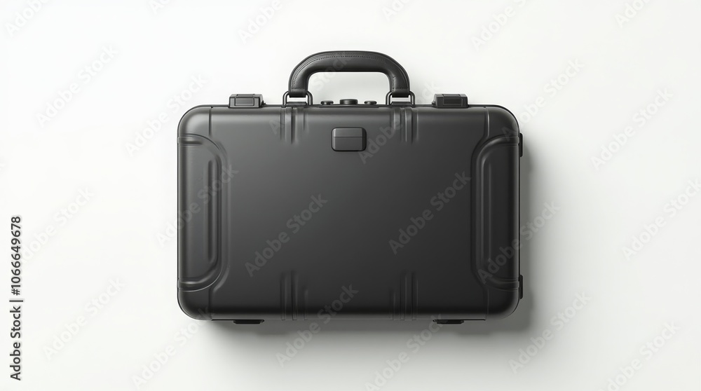 Black hard-shell briefcase on light background, top view Black hard-shell briefcase on light background, top view