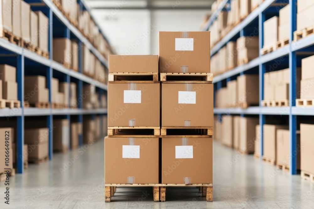 Warehouse management concept. A stack of cardboard boxes on a pallet set within a neatly organized warehouse aisle filled with shelves of inventory Warehouse management concept. A stack of cardboard boxes on a pallet set within a neatly organized warehouse aisle filled with shelves of inventory