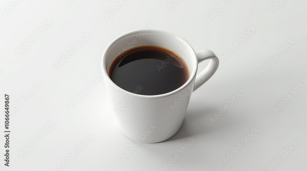 White mug filled with black coffee on a light surface, angled view White mug filled with black coffee on a light surface, angled view