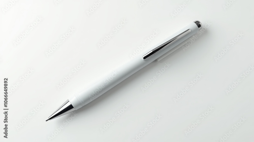 Elegant white pen with silver details on a light surface, angled view Elegant white pen with silver details on a light surface, angled view