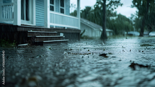 close up view of house partially submerged in floodwaters, showcasing impact of heavy rain. scene captures somber mood of flooded area, with water pooling around steps and debris floating
