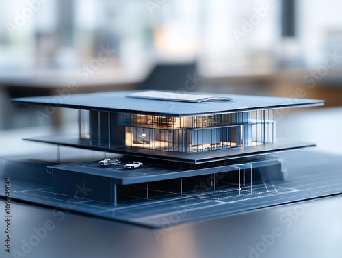 Close-up of a sustainable architect s design blueprint showing a net-zero carbon building, highly detailed, futuristic materials with focus on renewable energy photo