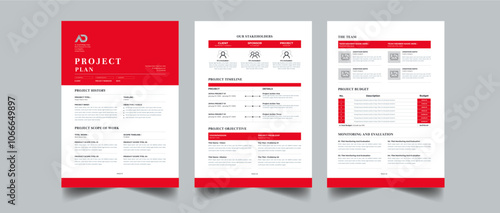Project Plan and Project proposal layout design with Red colorful concept 3 page Design Template