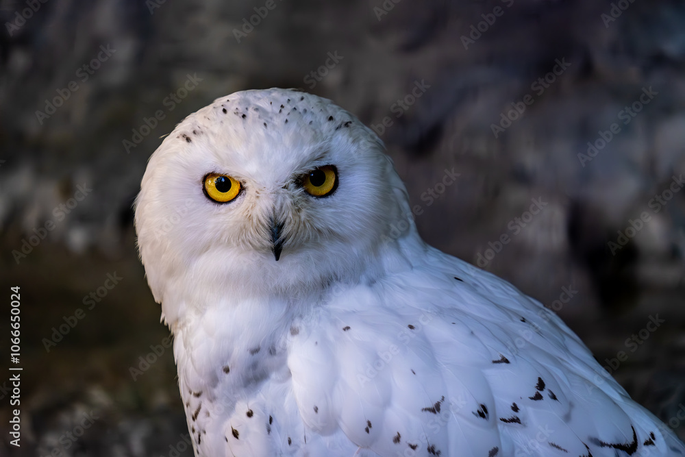 Obraz premium Polar owl in close-up on a blurred background.