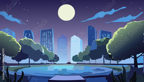 Night city park with pond and skyscrapers. Vector illustration.