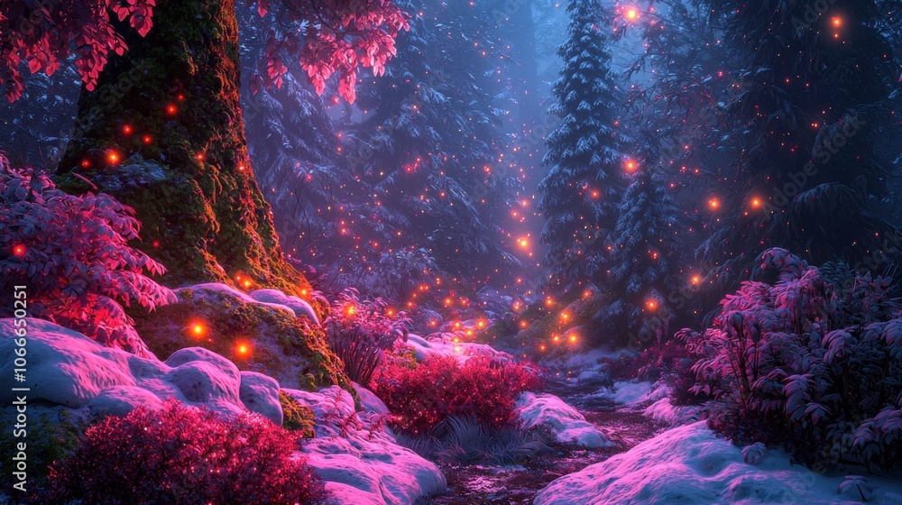 Fototapeta premium A serene, magical forest scene illuminated by soft glowing lights amidst vibrant foliage and snow.