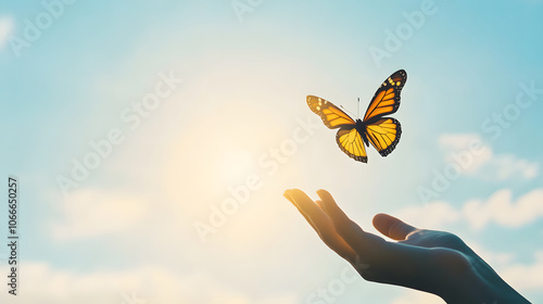close up shot of hands gently releasing butterfly into sky, symbolizing freedom and beauty. warm sunlight enhances serene atmosphere of this moment