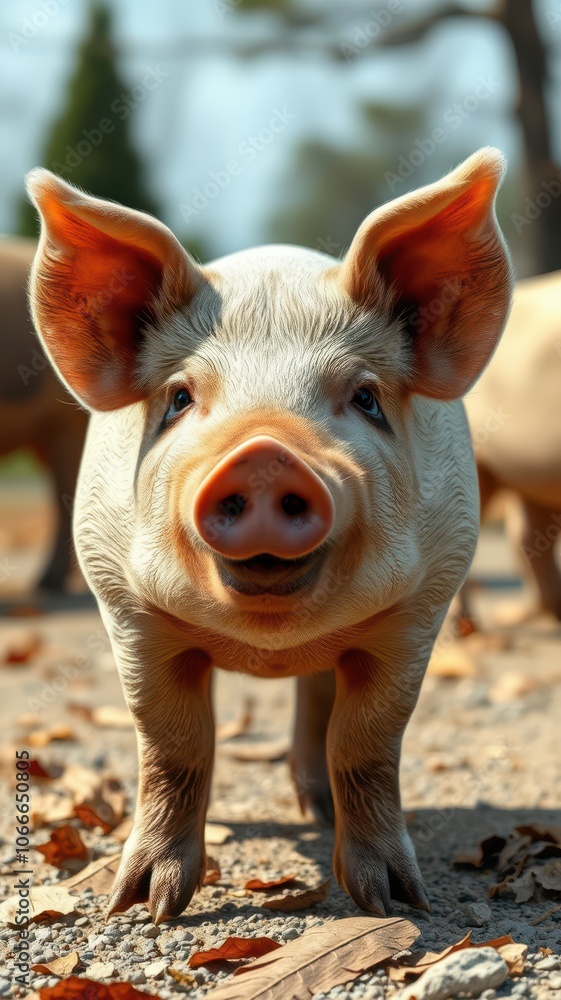 A pig looks directly at the camera with a happy expression as it stands on a path littered with fallen leaves A pig looks directly at the camera with a happy expression as it stands on a path littered with fallen leaves
