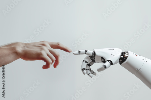 A white cyborg robotic hand with an extended finger pointing toward a human hand with an extended finger. AI robot finger and human finger making contact, isolated on a gray background.