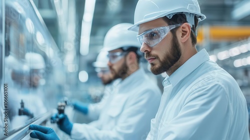 A team of engineers calibrating and testing equipment in a high-tech production facility, equipment testing, quality control in production