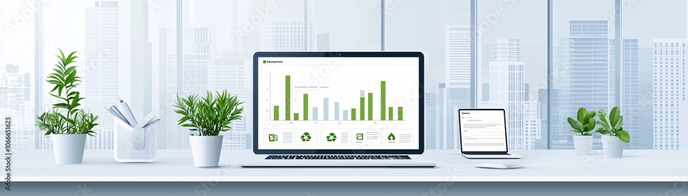 A desktop with eco-friendly icons and charts showcasing carbon-neutral policies, set in a modern workspace with plenty of copy space for text. A desktop with eco-friendly icons and charts showcasing carbon-neutral policies, set in a modern workspace with plenty of copy space for text.