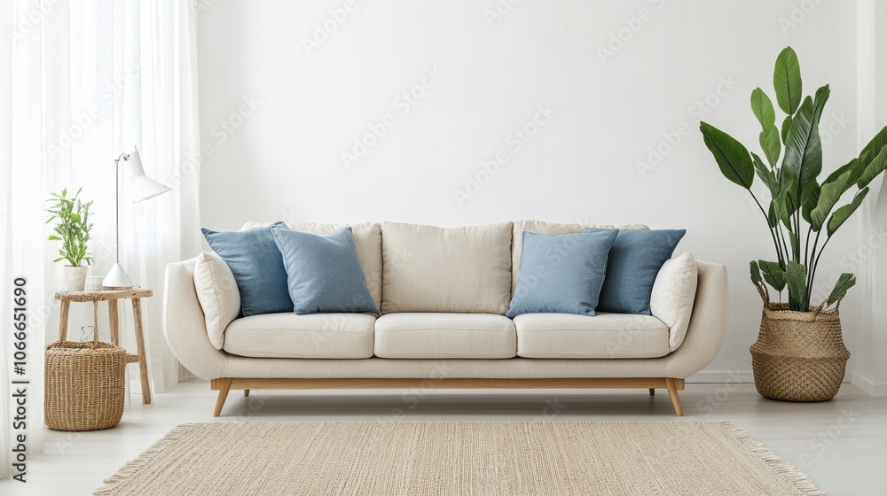 A Neutral Living Room with a Beige Sofa and Blue Pillows A Neutral Living Room with a Beige Sofa and Blue Pillows