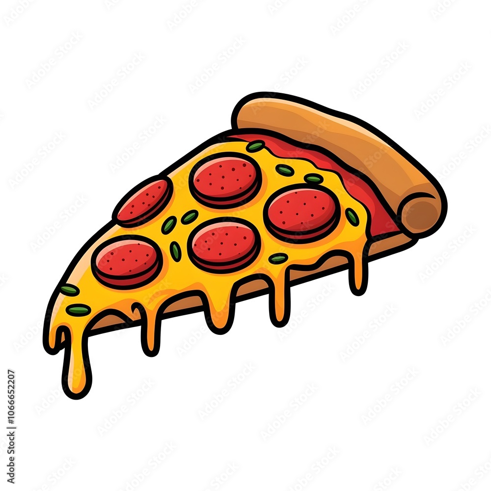 Cartoon illustration of a single slice of pepperoni pizza with melted cheese dripping off the sides. Cartoon illustration of a single slice of pepperoni pizza with melted cheese dripping off the sides.