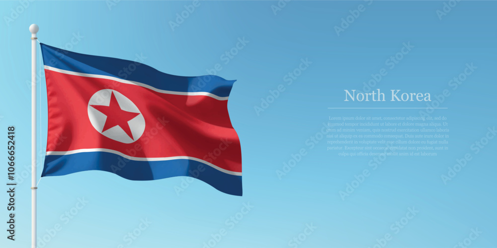 Waving Flag of North Korea Against Clear Blue Sky Copyspace Waving Flag of North Korea Against Clear Blue Sky Copyspace