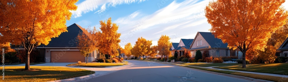 Charming residential street lined with vibrant trees, creating a picturesque neighborhood atmosphere. Charming residential street lined with vibrant trees, creating a picturesque neighborhood atmosphere.