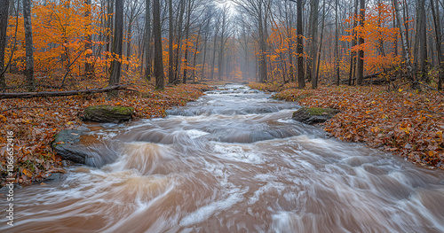 Autumn Creek: A stream gurgles through a misty forest, its waters swirling around mossy rocks amidst a carpet of fallen leaves. The air is crisp and cool, inviting reflection and serenity.  photo