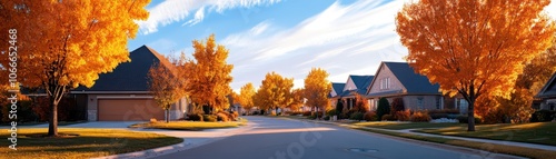 Charming residential street lined with vibrant trees, creating a picturesque neighborhood atmosphere.