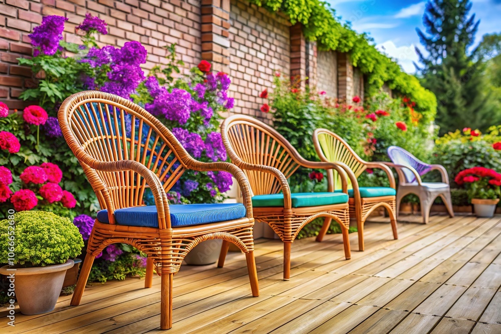 Obraz premium White brick balcony, rattan chairs, and a blooming flower garden.