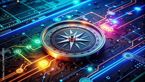Wallpaper Mural Futuristic Compass on Digital Circuit Board with Neon Lights - Advanced Technology, Navigation, Cyberpunk Aesthetics, Sci-Fi Elements, Modern Design, Virtual Reality, Innovation, Digital Art, Torontodigital.ca