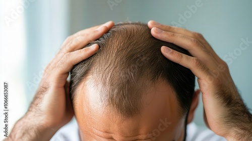 Person examining their thinning hair in the mirror, worried about hair loss due to scalp issues hair thinning, scalp health