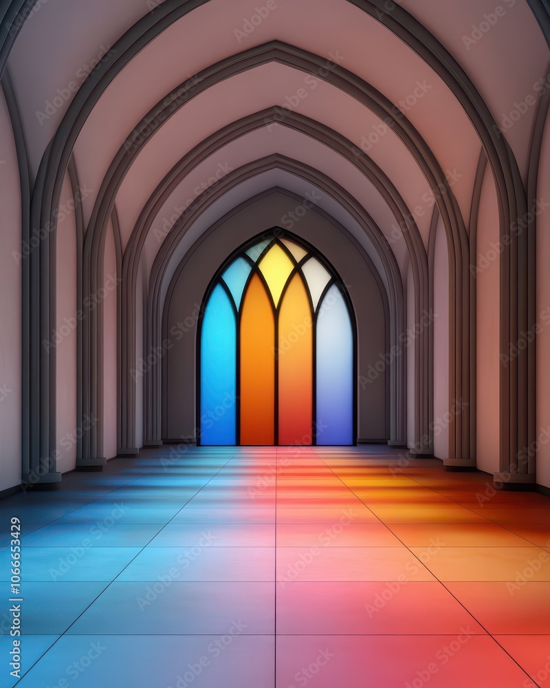 Fototapeta premium Vibrant stained glass illuminates a stunning church archway, showcasing intricate artistry and spiritual beauty.