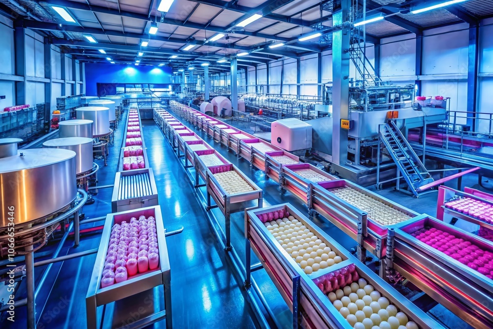 Fototapeta premium Futuristic Ice Cream Production Line: Drone Photography of Modern Manufacturing, Automation, Technology, and Innovation in Dessert Creation, High-Tech Factory, Robotics, and Quality Control