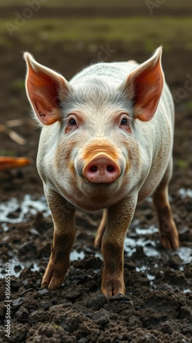 A white pig stands in a muddy field, looking directly at the camera