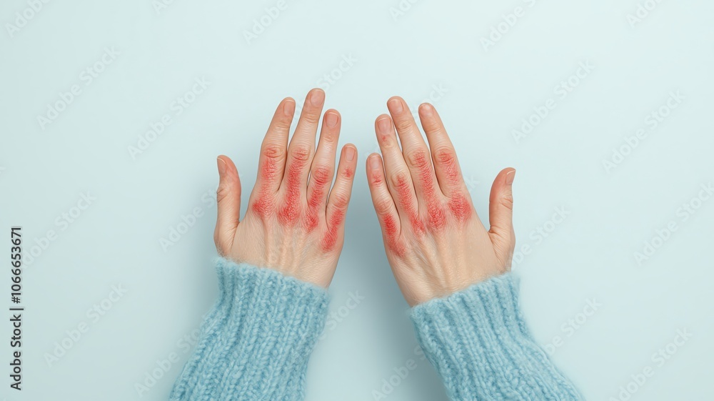 Obraz premium Person with allergic contact dermatitis on the hands, showing red, itchy, inflamed skin contact dermatitis, inflamed skin, hand problem