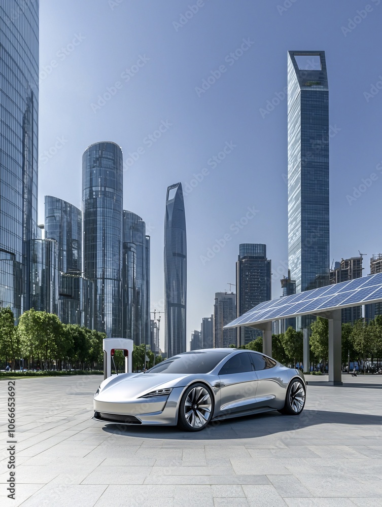 Naklejka premium An electric car parked by a solar charging station, set against a modern city backdrop showcasing net zero carbon goals. The image has clean, open copy space for text.