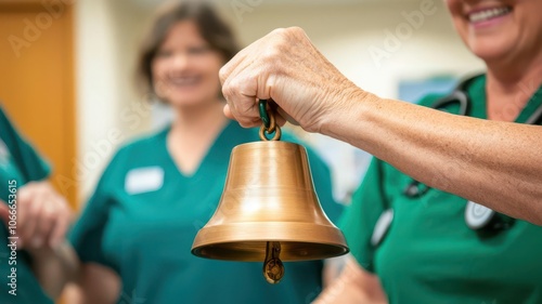 Person ringing a bell after completing cancer treatment, surrounded by supportive medical staff   cancer treatment success, celebration