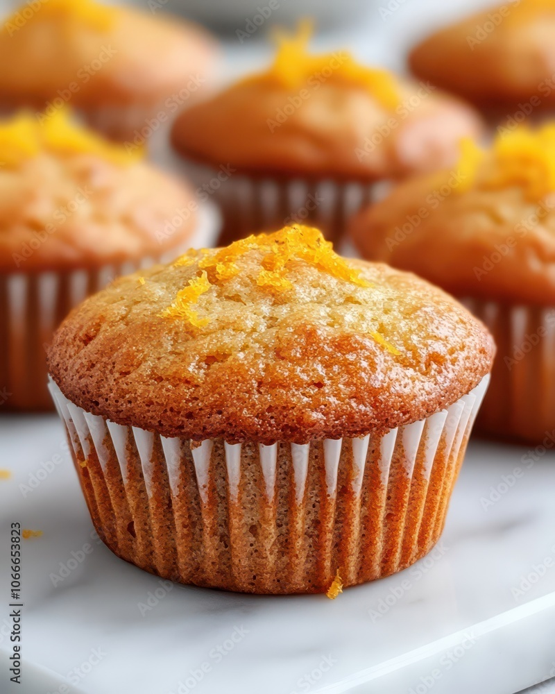 Delicious close-up of a freshly baked muffin topped with vibrant orange zest for a burst of citrus flavor. Delicious close-up of a freshly baked muffin topped with vibrant orange zest for a burst of citrus flavor.