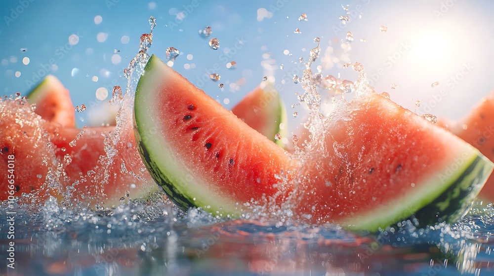 Watermelon slices in the air with splashes of water Watermelon slices in the air with splashes of water