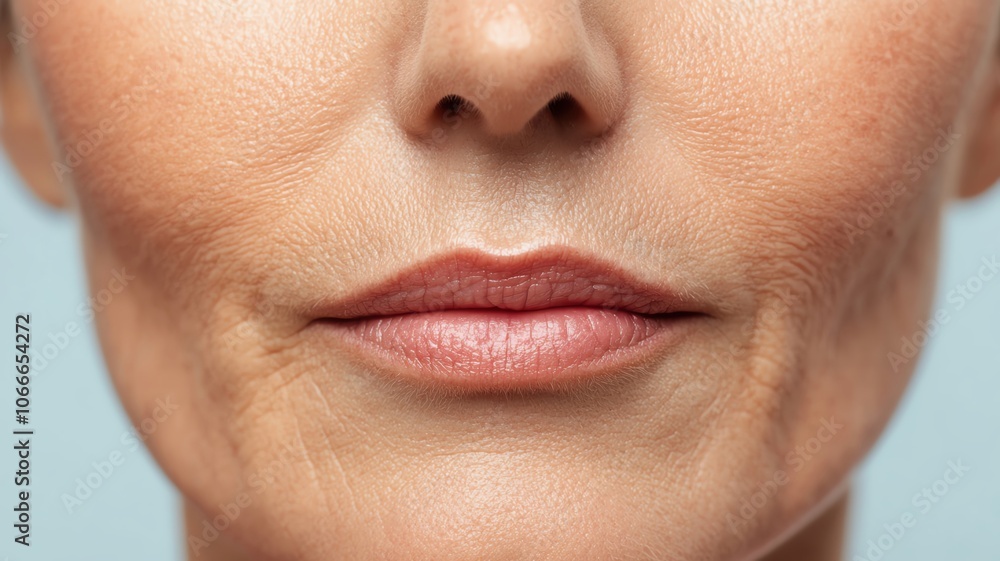 Fototapeta premium Person with noticeable fine lines around the mouth and eyes, showing early signs of aging skin fine lines, facial wrinkles, aging skin