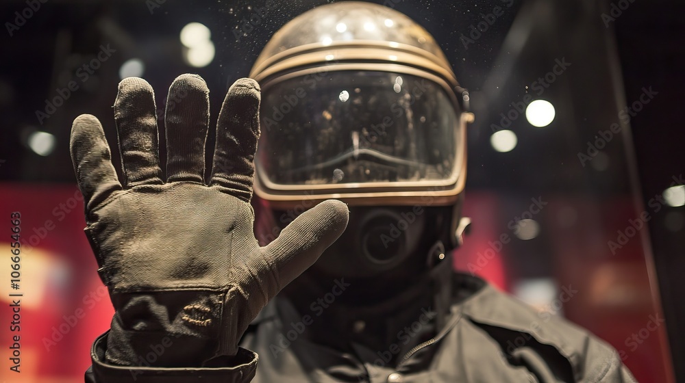 A close-up of a worker’s protective gear, helmet and gloves on display A close-up of a worker’s protective gear, helmet and gloves on display